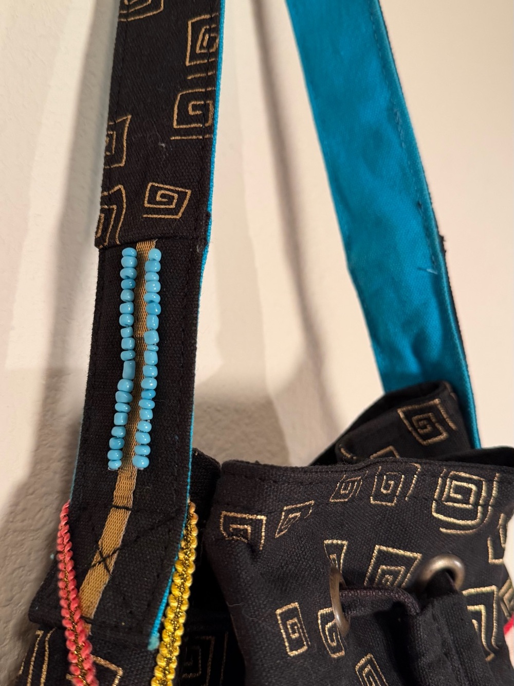 Laurel Burch Black/Turquoise/Gold Cat Drawstring Tote Bag - Picture 4 of 11
